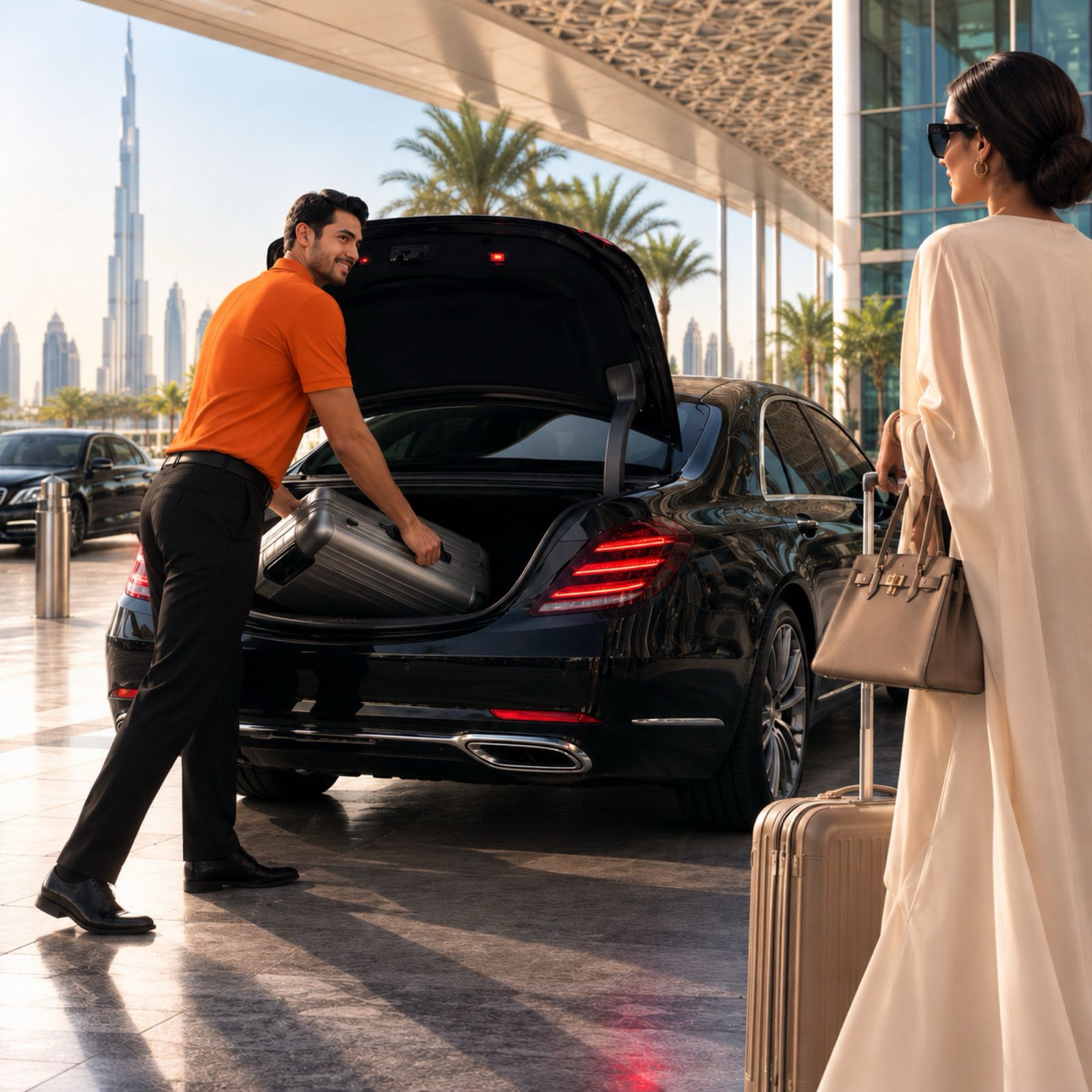 A chauffeur loading luggage with the Burj Khalifa behind